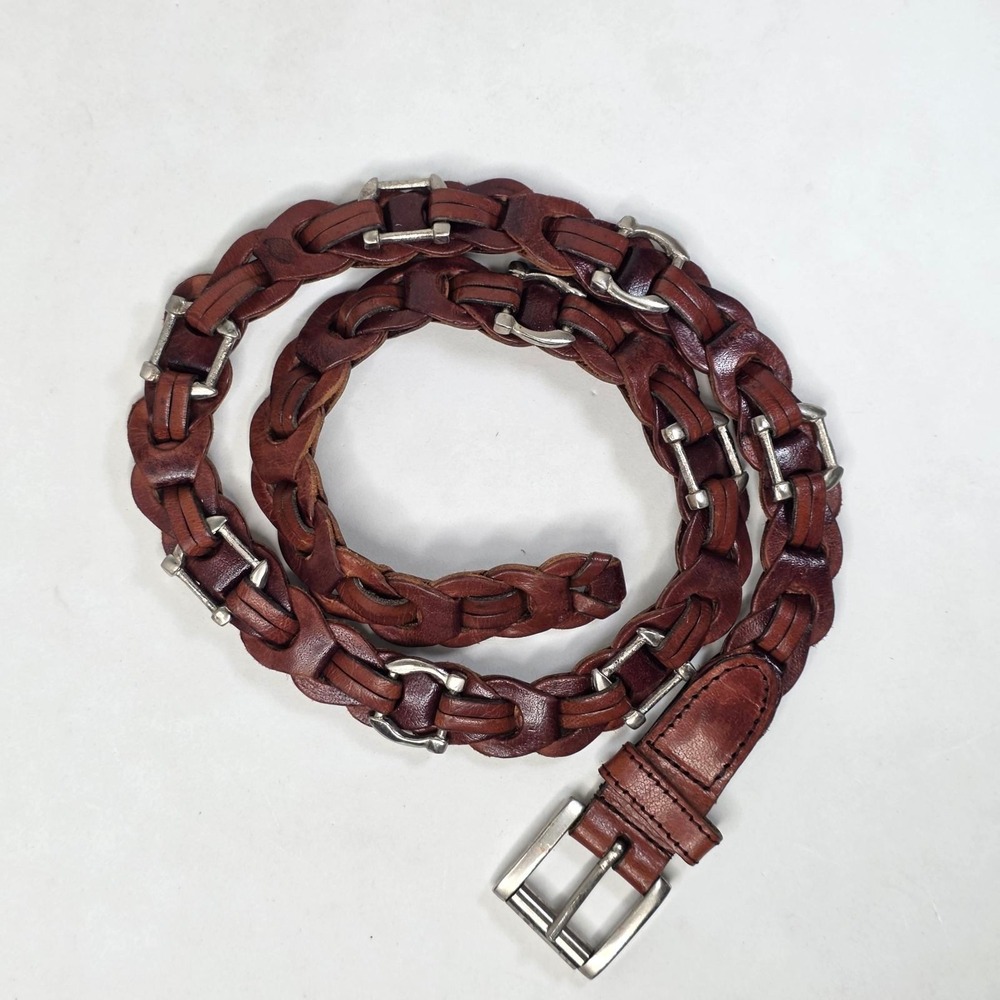 Amiee Lynn Brown Genuine Leather Woven Link Belt Silver Hardware Medium